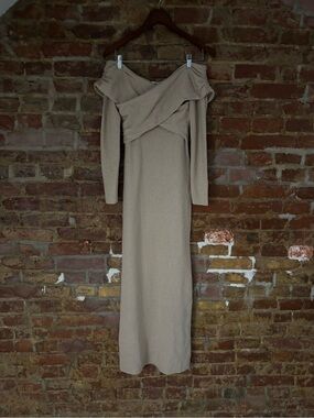 Off-Shoulder Long Sleeve Maxi Dress in Taupe Gold